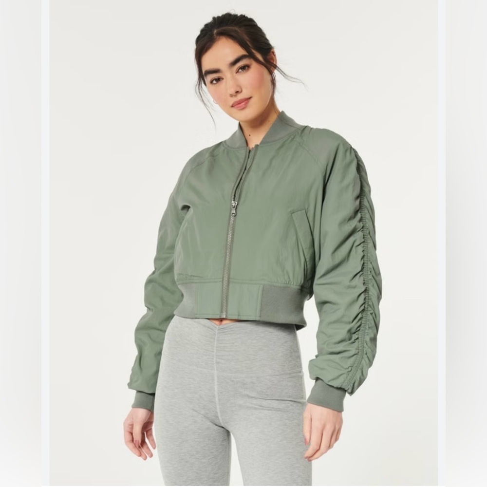 Gilly Hicks Zip Up Khaki Bomber Jacket-Ruched Sleeves-Size Large